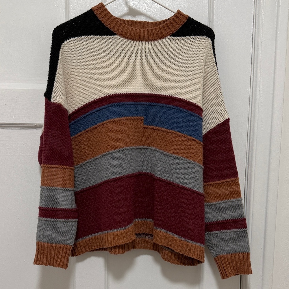 Multicolor Striped Knit Sweater - Cream, Burgundy & Brown